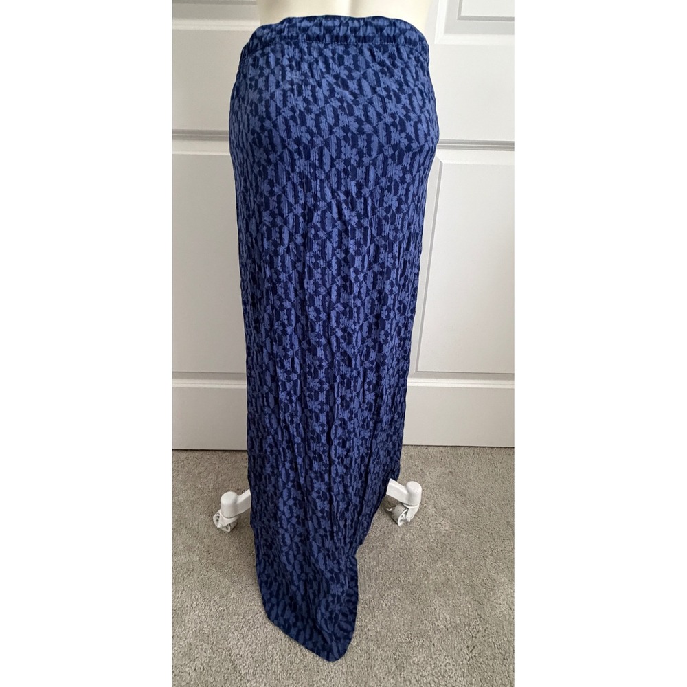 Eddie Bauer Blue Geometric Print Crinkle Rayon Maxi Skirt Large Drawstring Slit